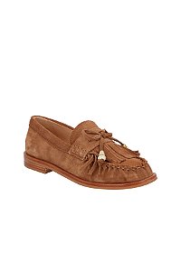 Mocassim Loafer Camurça Tiras Franja Enfeites Luiza Barcelos Camel