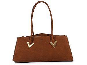 Bolsa Media Tote Couro Camurça Ziper Tiras Enfeite Schutz Marrom