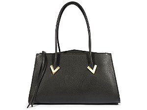 Bolsa Feminina Grande Couro Tote Ziper Enfeite Tiras Schutz Preto