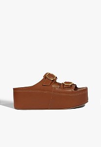 Sandalia Flatform Anabela Couro Fivelas Schutz Camel