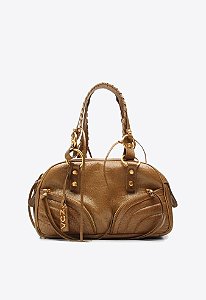 Bolsa Media Couro Croco Bowling Rachel Ziper Alça Tresse Vicenza Camel