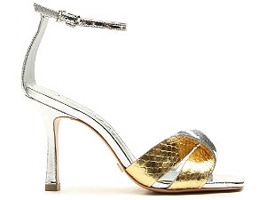 Sandalia Metalcolor Croco Bicolor Salto Alto Fino Tira Vicenza Prata