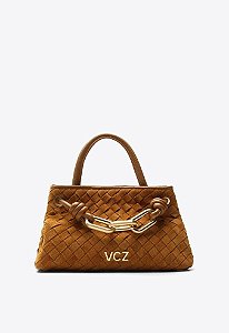 Bolsa Tote Mika Media Camurça Corrente Dourada Vicenza Camel