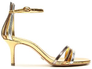 Sandalia Salto Medio Fino Tiras Multicolor Metalcolor Vicenza Dourado
