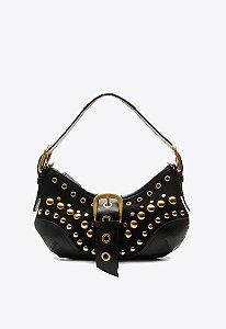 Bolsa Media Couro Camurça Rebite Fivela Shoulder Jamie Vicenza Preto