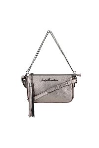 Bolsa Feminina Pequena Couro Metalcolor Alça Corrente Logo Luiza Barcelos Chumbo