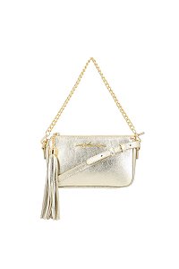 Bolsa Feminina Pequena Metalcolor Couro Alça Corrente Logo Luiza Barcelos Dourado