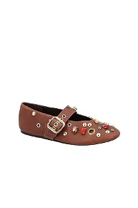 Sapatilha Tira Fivela Couro Rebite Strass Joias Luiza Barcelos Coffee