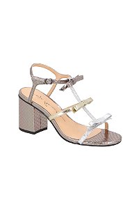 Sandália Salto Bloco Tiras Laços Fivela Metalcolor Croco Luiza Barcelos Chumbo