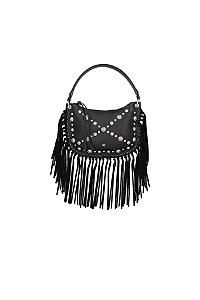 Bolsa Media Couro Franjas  Camurça Rebite Ziper Luiza Barcelos Preto