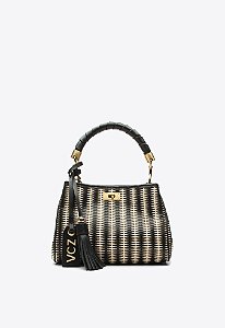 Bolsa Pequena Tote Bella Multicolor Multimaterial Palha Couro Vicenza Preto