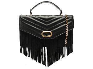 Bolsa Grande Tiracolo Couro Tiras Enfeite Camurça Corrente Vicenza Preto