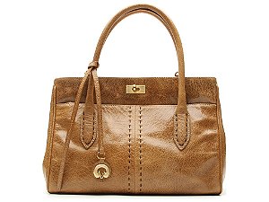 Bolsa Media Couro Enfeite Tote Costura Logo Mania Vicenza Camel