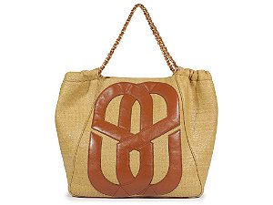 Bolsa Grande Multimaterial Alça Corrente Shopper Palha Logomania Schutz Camel