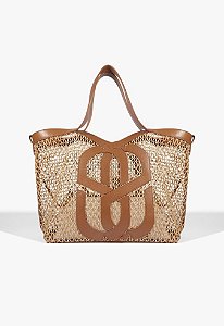 Bolsa Shopper Grande Rafia Tresse Logomania Couro Schutz Camel