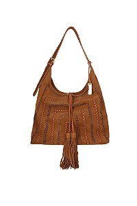 Bolsa Grande Camurça Couro Alça Tramado Enfeite Fivela Luiza Barcelos Camel