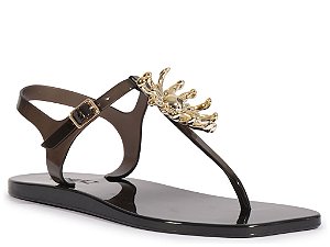 Rasteira Feminina Jelly Fivela Dedo Aplicação Flor Strass Schutz Preto