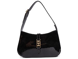 Bolsa Média Verniz Logomania Alça Fivela Ziper Hobo Schutz Preto