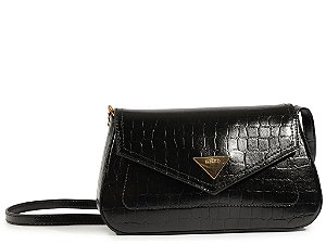 Bolsa Pequena Tiracolo Couro Croco Triangulo Dourado Schutz Preto