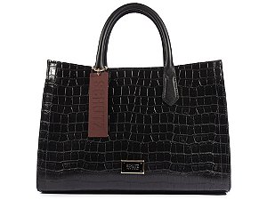 Bolsa Medio Tote Ziper Couro Croco Logo Tag Schutz Preto