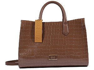 Bolsa Medio Tote Ziper Couro Croco Logo Tag Schutz Camel