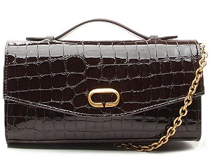 Bolsa Média Clutch Couro Croco Verniz Alça Corrente Vicenza Coffee