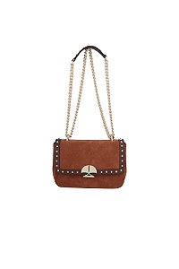 Bolsa Feminina Média Couro Camurça Logomania Alça Corrente Luiza Barcelos Camel
