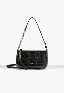 Bolsa Pequena Tiracolo Zíper Dourado Croco Schutz Preto