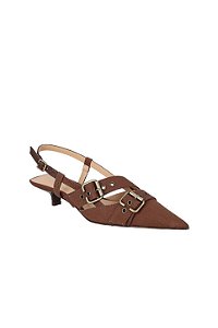 Scarpin Slingback Salto Baixo Em Couro E Tecido Coffe Luiza Barcelos
