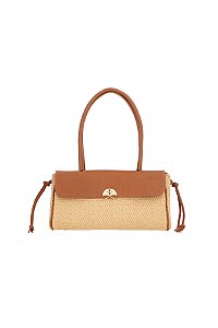Bolsa Média Em Ráfia Nude E Couro Camel Luiza Barcelos