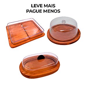 Kit 3pçs Porta Frios (21X16,5CM), Manteigueira e Boleira de Madeira RUSTICO café da manha, Cozinha