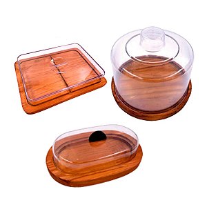 KIT 3pçs Manteigueira, Queijeira, Porta Frios (26,5X20CM) GRANDE de Madeira RUSTICA e Tampas de Acrílico, Café, Cozinha