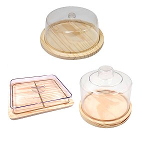 KIT 3pçs Porta Frios (26,5X20CM), Queijeira e Boleira de Madeira NATURAL café da manha, Cozinha, Mesa posta