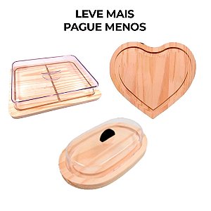 KIT 3pçs Porta Frios (21X16,5CM), Manteigueira e Tabua Coração de Madeira NATURAL café, Cozinha