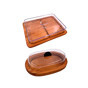 KIT 2pçs Porta Frios (21X16,5CM) e Manteigueira de Madeira RUSTICO café da manha, Cozinha