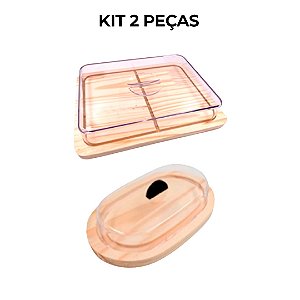 KIT 2pçs Porta Frios (21X16,5CM) e Manteigueira de Madeira NATURAL café da manha, Cozinha