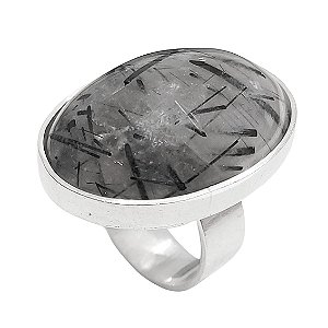 Anel em prata com pedra oval de cristal rutilado cabochão