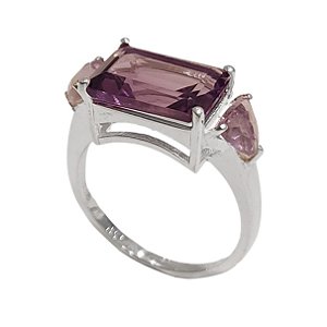 Anel de prata 925 delicado com ametista e quartzo rosa