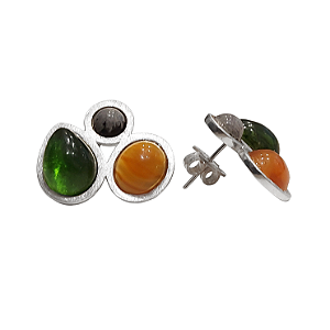 Brinco de prata 925 com trio de pedras (ágata, obsidiana e cristal verde)