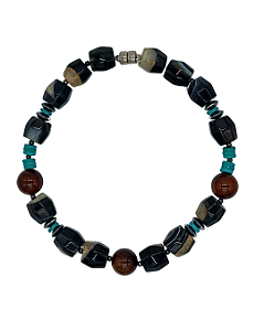 Colar Curto de Ágata, Turquesa e Hematita