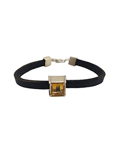 Pulseira de Couro com Pingente de Citrino Quadrado