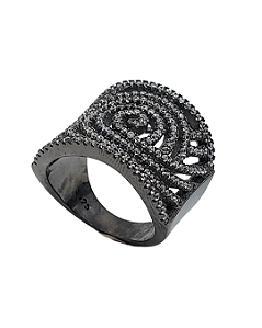 Anel Espiral em Prata com Ouro Negro e Zircônias Brancas