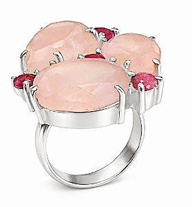 Anel de Prata e Pedra Quartzo Rosa e Rubi