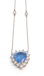 Corrente Prata 925 com Pingente Coração com Zircônia azul e branca