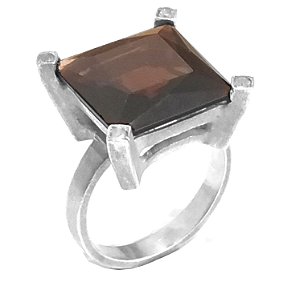 Anel de prata 925 com pedra natural quartzo fumê