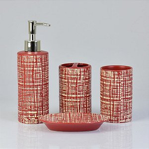 Kit Para Banheiro Pontilhado Vermelho em Cerâmica