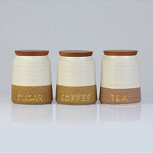 Jg c/3 Potes Sugar, Tea, Coffee Branco e Marrom em Cerâmica