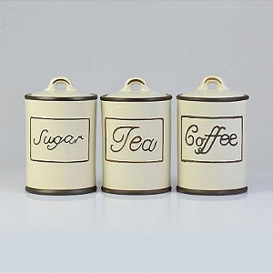Jg c/3 Potes Sugar, Tea, Coffee 16 cm em Cerâmica