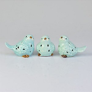 Jg c/3 Pássaros Furados Azuis em Cerâmica