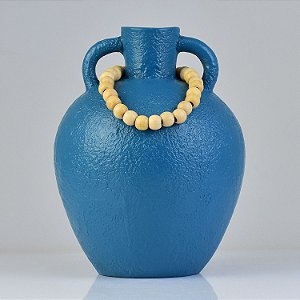 Vaso Rústico Azul Grande C/ Colar em Cerâmica